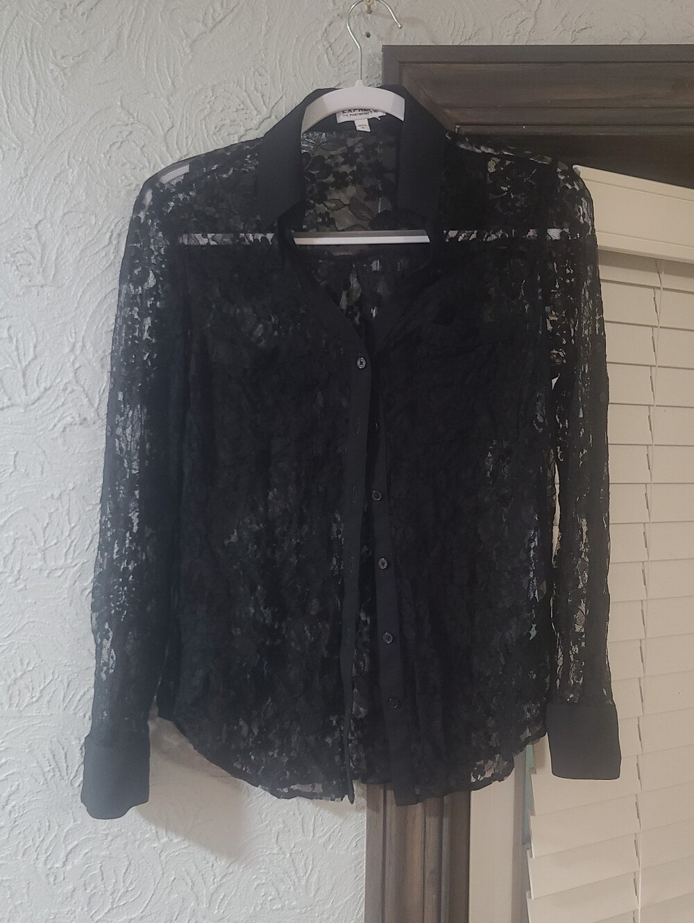 Express Portofino black sheer floral lace button-up long-sleeve shirt